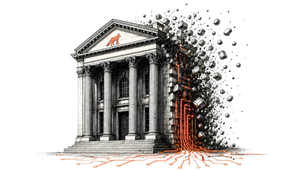 Scattered fragments assembling into one monumental institution